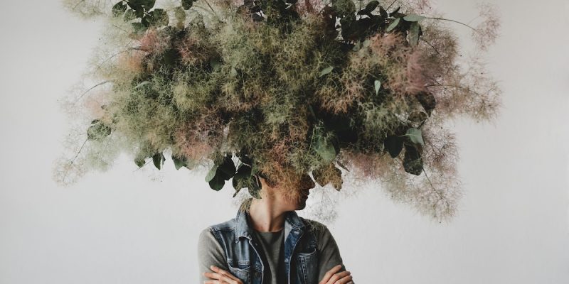 Large decorative bouquet made of green leaves and moss hangs over man's head